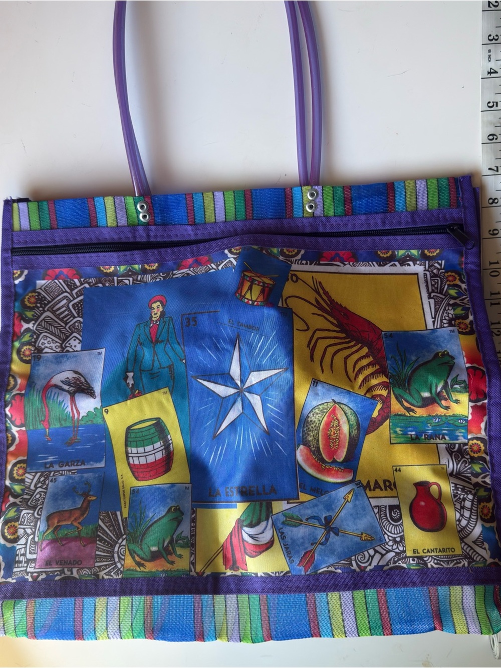 NEW Lotería Graphic Mesh Tote Bag Blue Multicolor Striped Market Beach Shopping